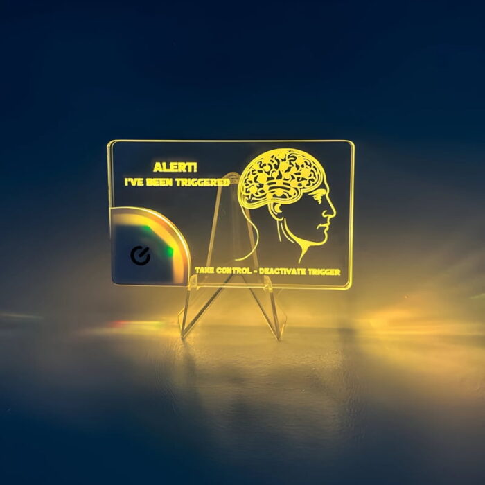 LED table card with stand featuring custom Triggered engraving
