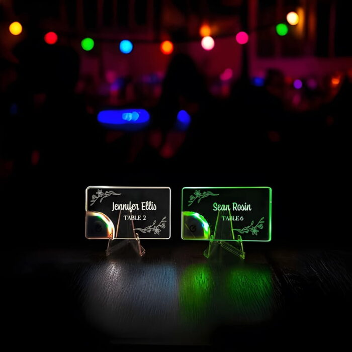 light up acrylic card display featuring names and table numbers glowing