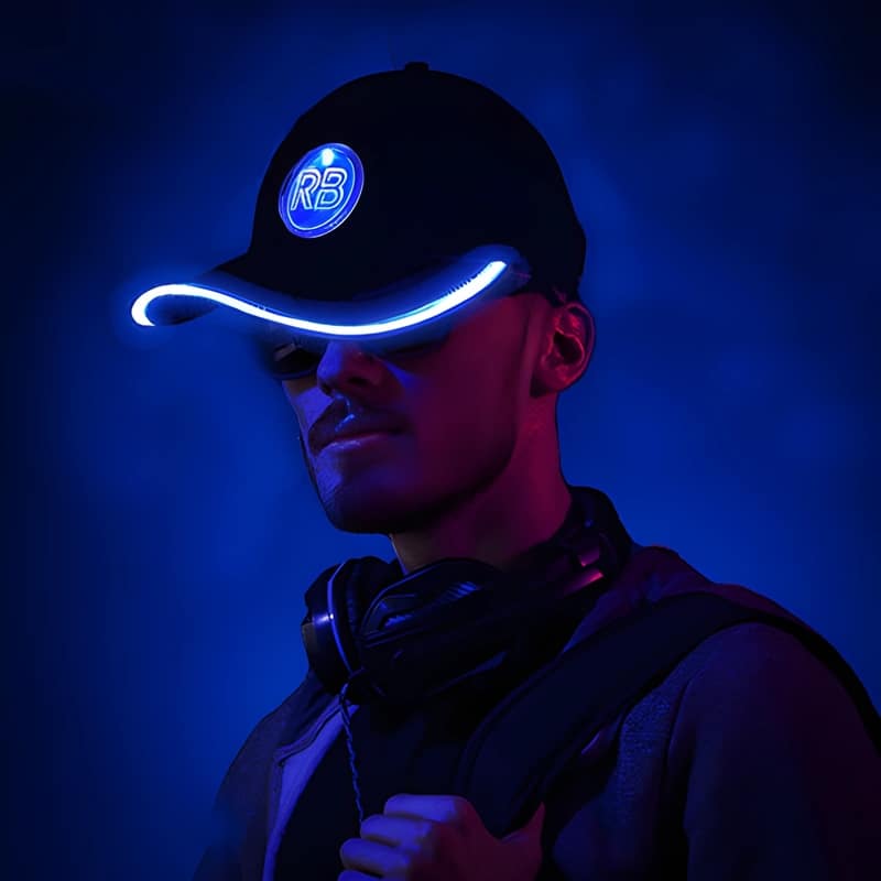Guy wearing bright light up baseball hat with a blue glowing brim with light up logo