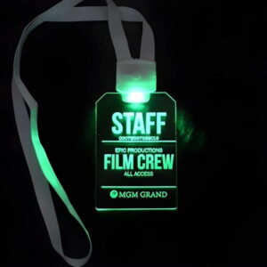 Staff film crew LED id badge lighting up on lanyard