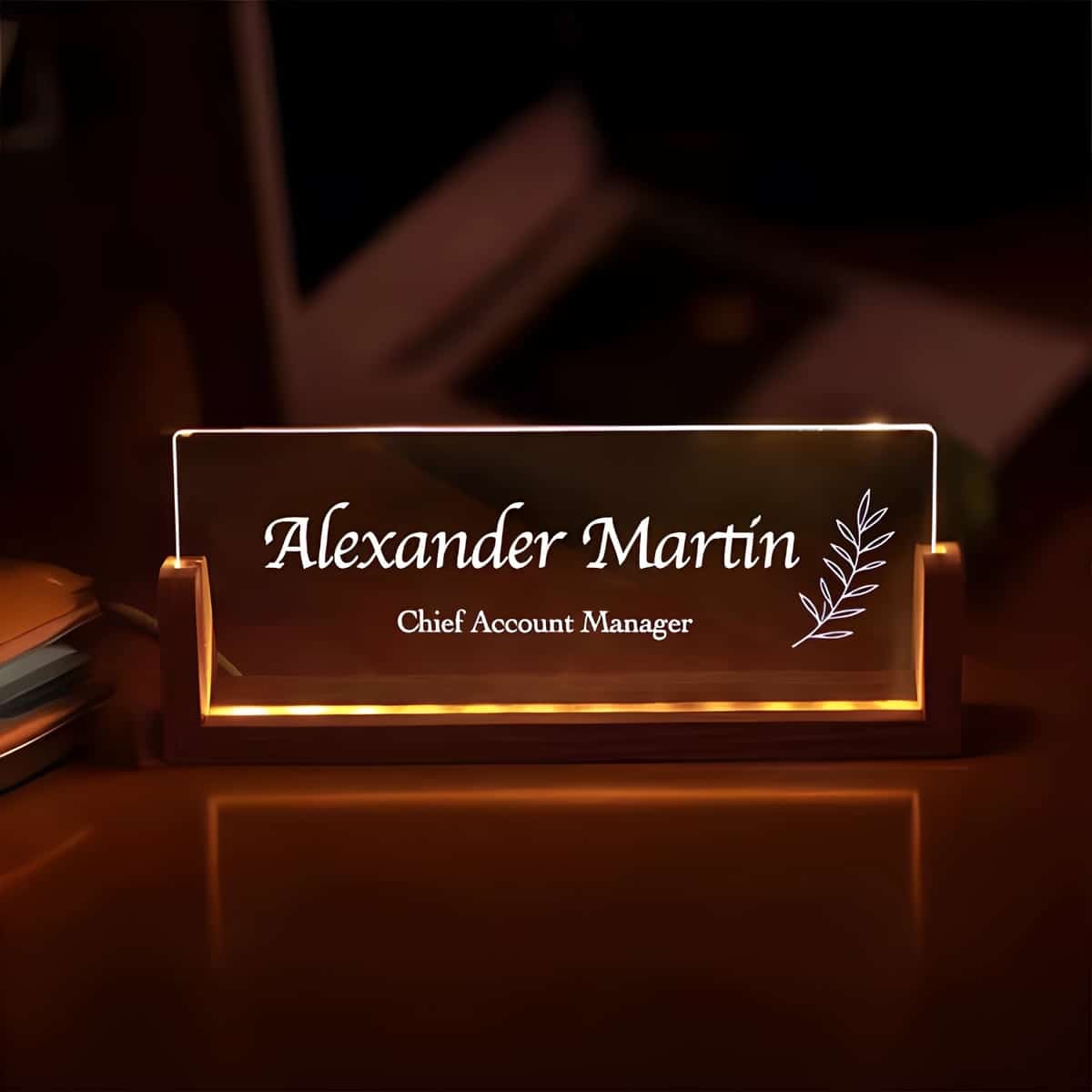 Engraved acrylic LED desk sign for a Chief Account Manager
