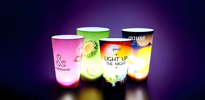 4 glowing light up cups with custom logo wraps