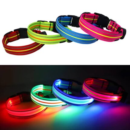Four Different LED Dog Collars, picture showing the collar turned off on top, and turned on at the bottom. Pink, Blue, Green, and Red Light up dog collars