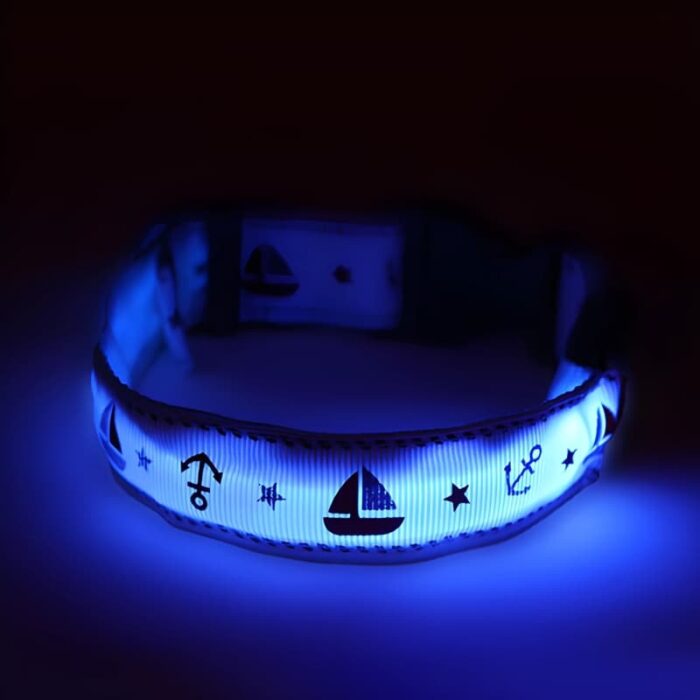 Blue LED Light Up Dog Collar with natutical theme of sailboards anchors and stars