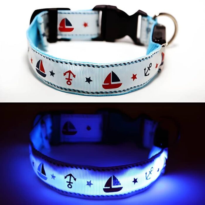 Blue Nautical LED Dog collar on and off