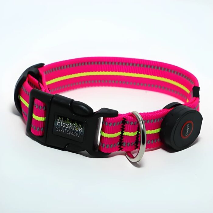 Pink LED Dog Collar turned off, showing buckle, metal loop and battery pack