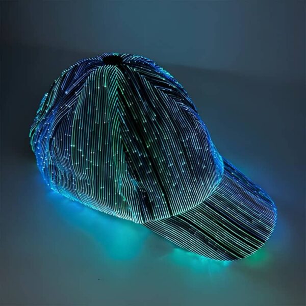 A baseball cap with bright, glowing strips made of fiber optics, designed to stand out in low-light conditions