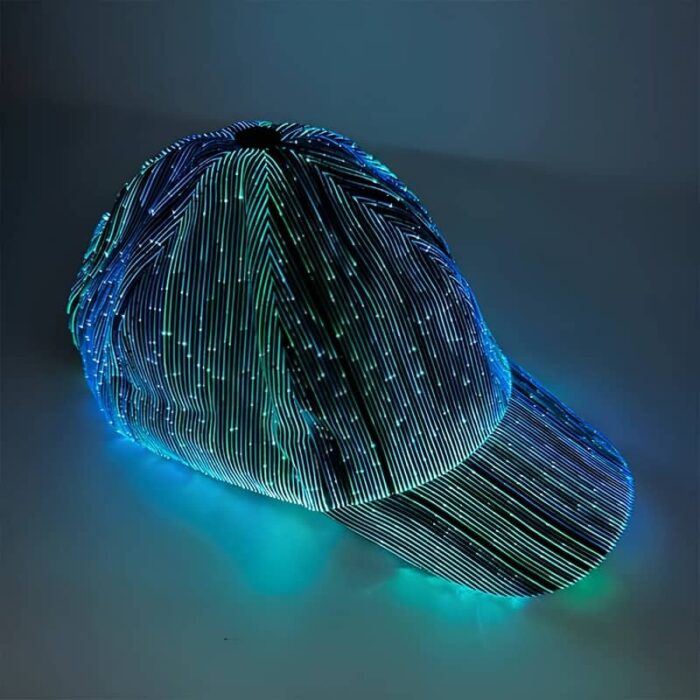 A baseball cap with bright, glowing strips made of fiber optics, designed to stand out in low-light conditions