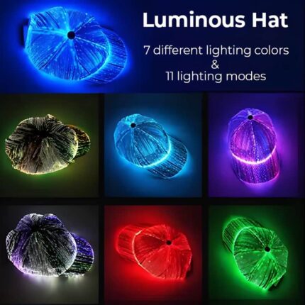 A hat adorned with luminous fiber optic lights in multiple colors, illuminating the fabric with a festive glow
