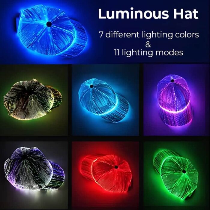 A hat adorned with luminous fiber optic lights in multiple colors, illuminating the fabric with a festive glow