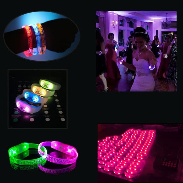 Assorted LED light-up bracelets in various colors and styles, highlighting their bright glowing designs